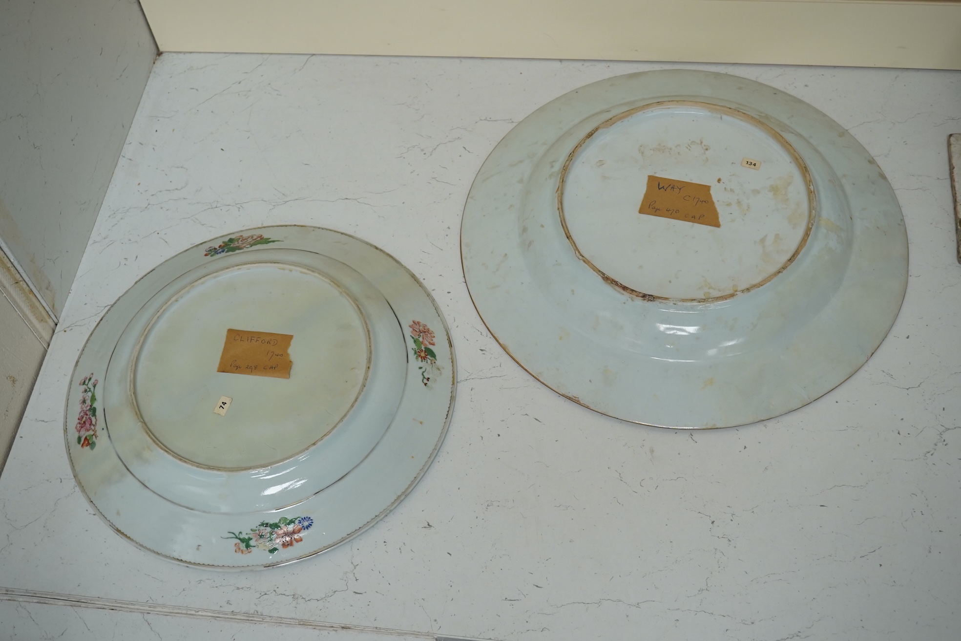 Two 18th century Chinese armorial dishes with arms of Way and Clifford, largest 35cm. Condition - both restored